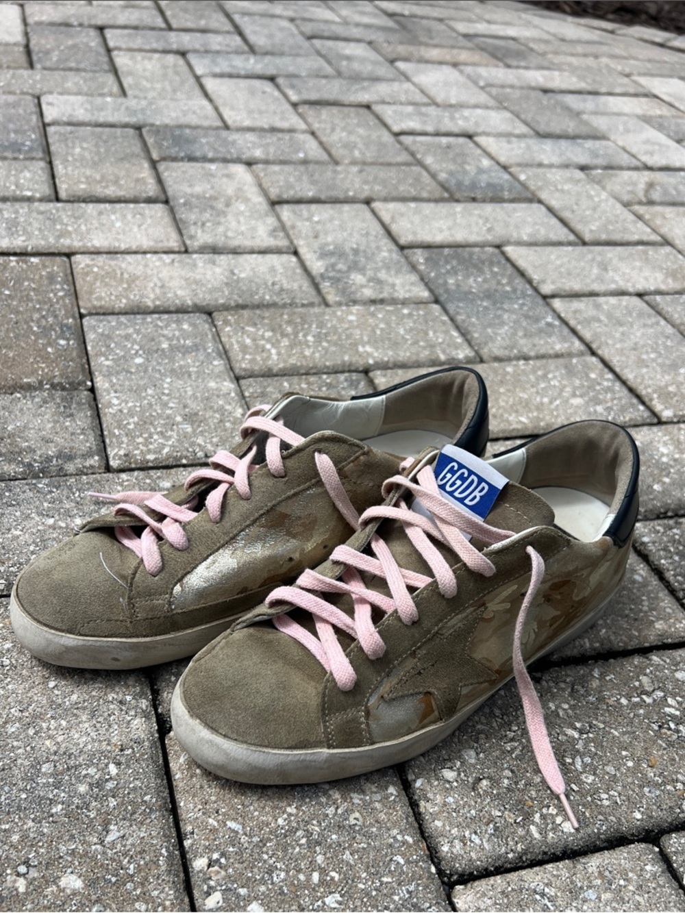 Golden Goose Olive Suede Sneakers with Pink Laces and Navy Heel